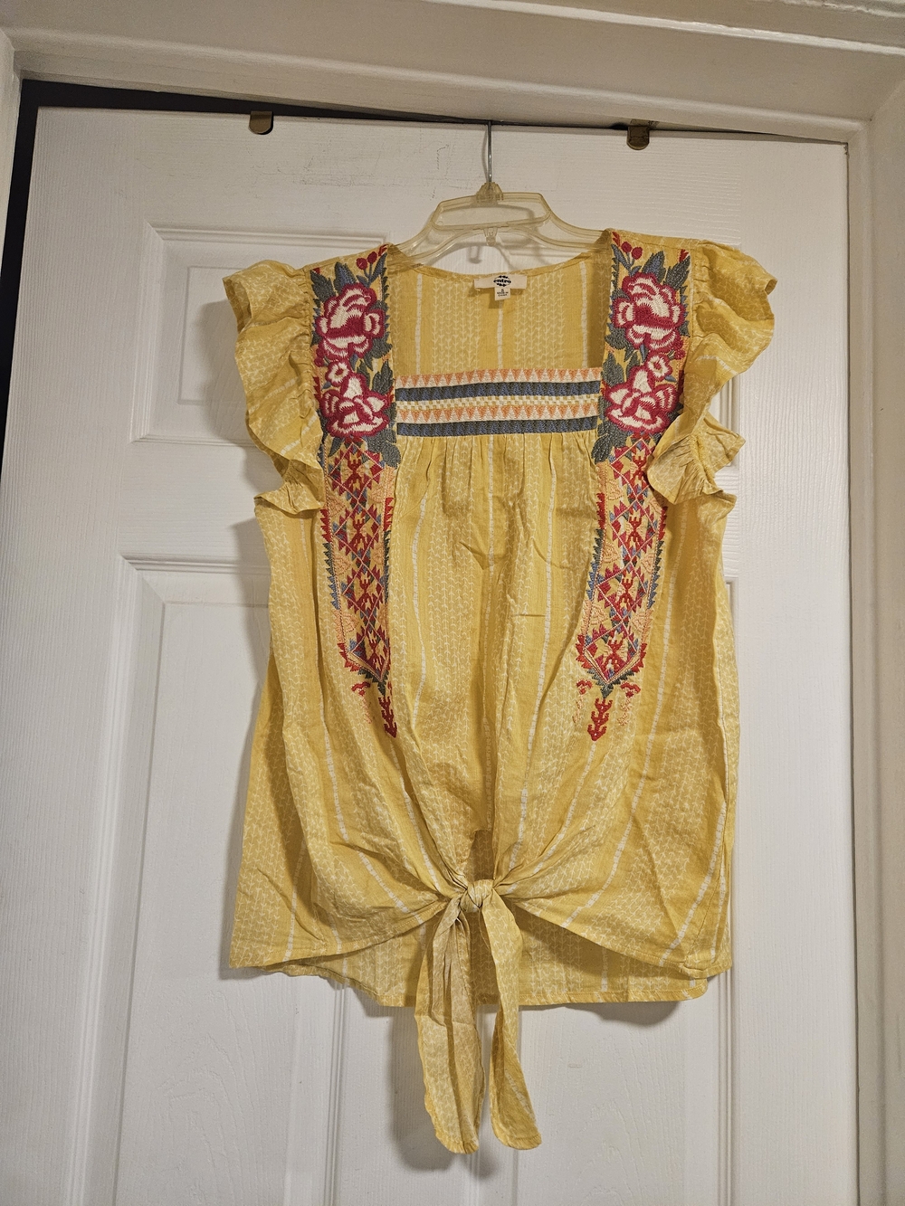 entro Yellow Embroidered Tie-Front Flutter Sleeve Blouse